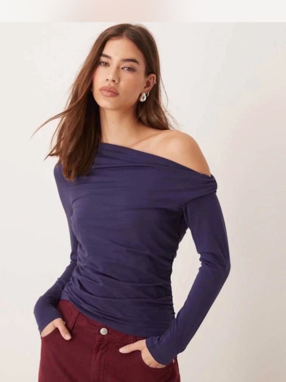Abercrombie & Fitch Off-Shoulder Long Sleeve Top in Deep Blue